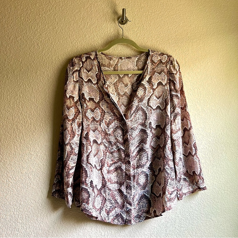Light Brown and Pink 100% Silk Snakeskin Long Sleeve Blouse, size M